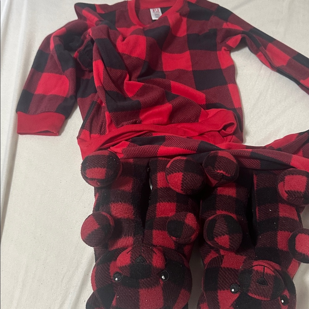 Red and Black Plaid Pajama Set with Bear Slippers